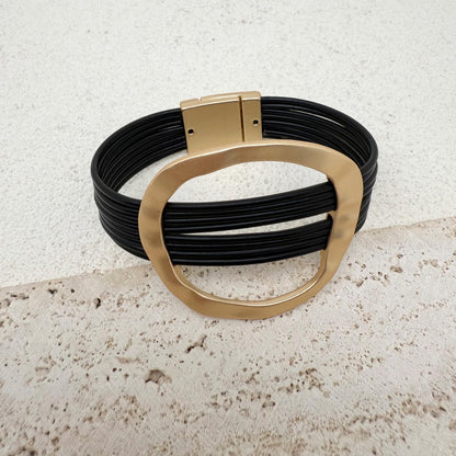 YYWANGART Gold and Black Leather Bracelet Large Disk Bangle Minimalist Multi Strand Leather Wrap Bracelet for Women