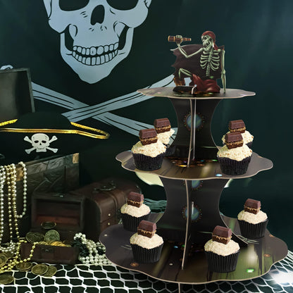 Cheerland Skull Pirate Cupcake Stand for Halloween Theme Party Decorations Cup Cake Holder Tier Stand Dessert Display Cake Serving Tray for Pirate Skeleton Spooky Birthday Cosplay Party Supplies
