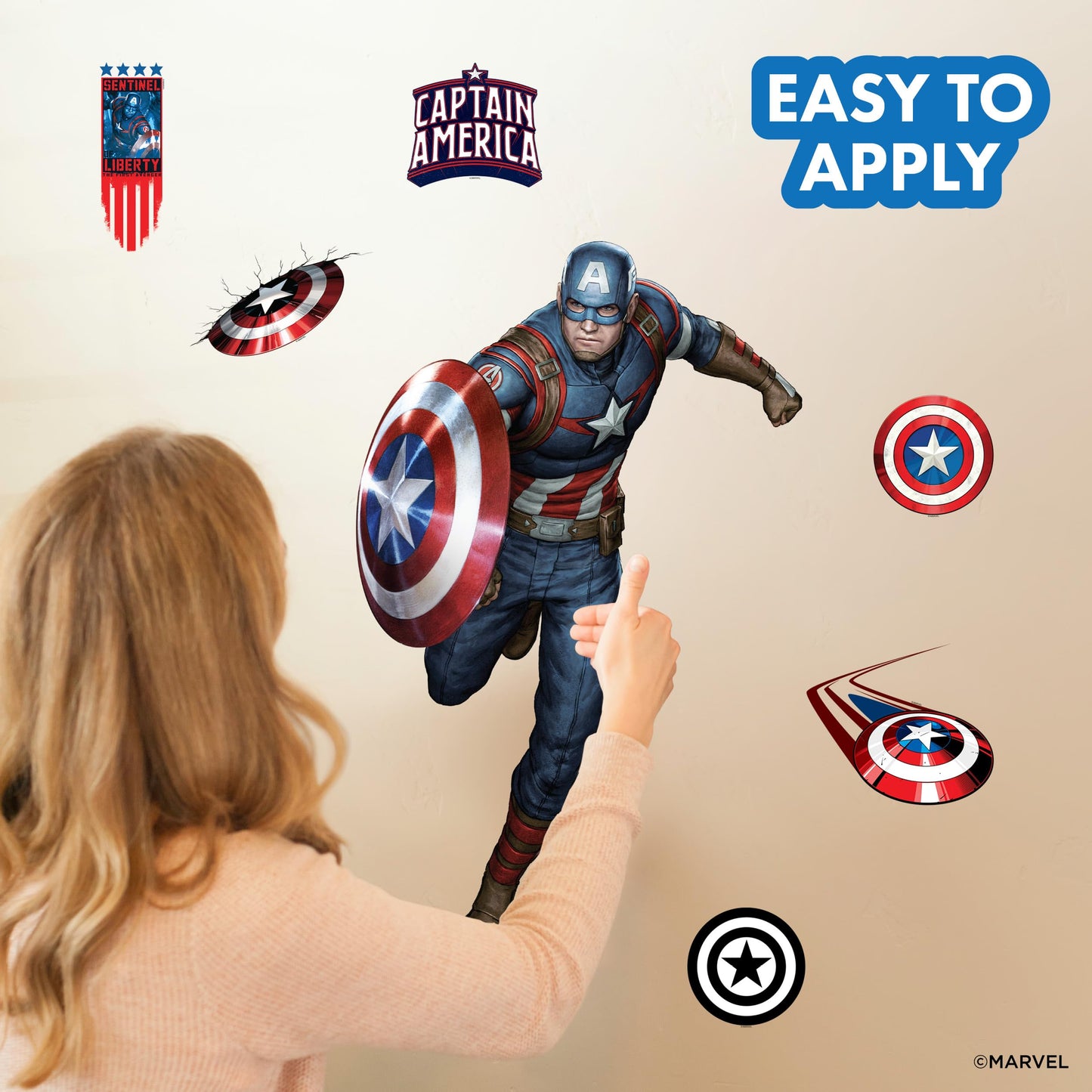 Wall Palz Marvel Captain America Wall Decals - 24" Avengers Removable Vinyl Stickers for Kids Bedroom Playroom Bathroom - Peel and Stick Room Décor