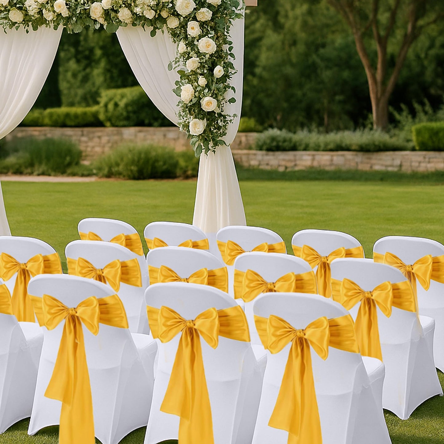 Hodoee 50 PCS Gold Satin Chair Sashes Bows Universal Chair Ribbon Ties Back Sash for Wedding Party Banquets Event Chair Cover Decoration(Gold, 7x108 inch)