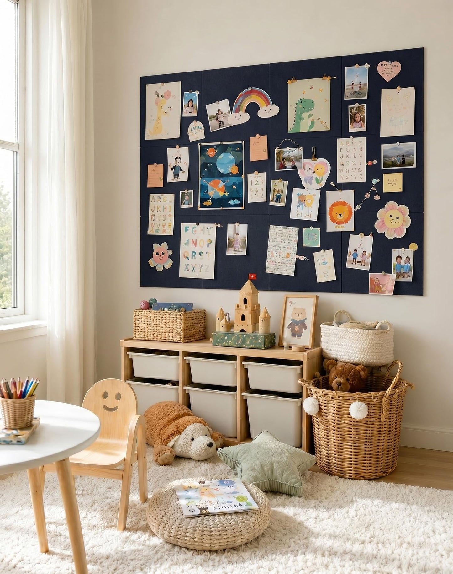 Aothia Felt Bulletin Board Tiles for Wall, 12 Pack Large 48" x 36", Felt Wall Tiles Cork Board Alternative, Adhesive Bulletin Board Tiles for Office, Classroom & Home, Navy Blue