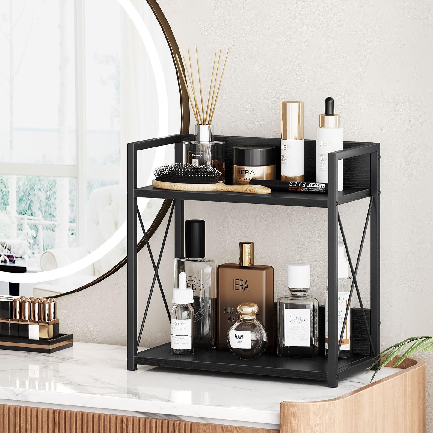 Giikin Kitchen Countertop Organizer, 2 Tier Coffee Bar Organizer, Black Spice Rack for Counter, Kitchen Counter Shelves, Particleboard, Large Size (15.8" L x 7.9" W x 15.8" H), Black