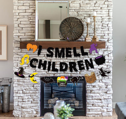 JOZON Black Glittery I Smell Children Banner with Witches Pot Signs Halloween Hocus Pocus Witches Garland Banner Halloween Holiday Haunted House Party Decorations for Mantle Fireplace Wall