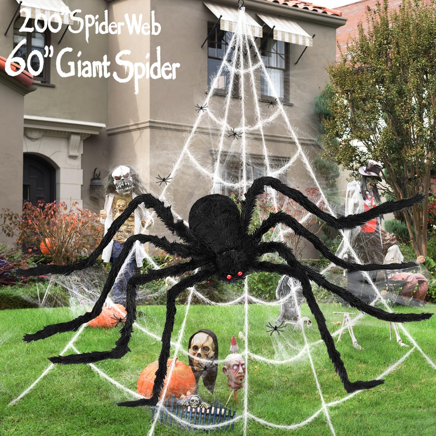 Halloween Decorations Outdoor, 200" Spider Web 60" Giant Spider with Extra Stretch Cobwebs and 10 Small Plastic Spiders, Halloween Outdoor Scary Decorations Yard Home Outside Parties House Décor
