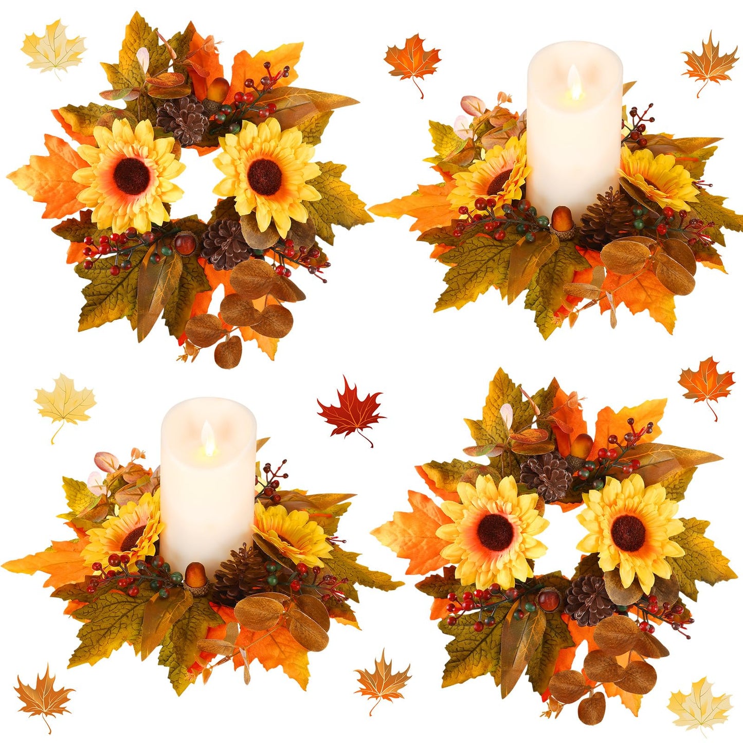 Ceenna 4 Pcs Thanksgiving Fall Candle Rings 3.7 Inch Center Fall Candle Rings Wreath Thanksgiving Autumn Decorative Artificial Maple Leaf Sunflowers Floral Holder Festival Holiday Party Decoration