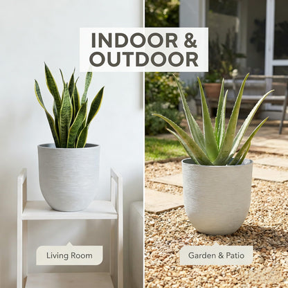 10 inch Plant Pots Stone Finish Lightweight Flower Planter with Drainage Hole for Outdoor Garden Patio Indoor Greenery, Set of 2 (Light Grey)