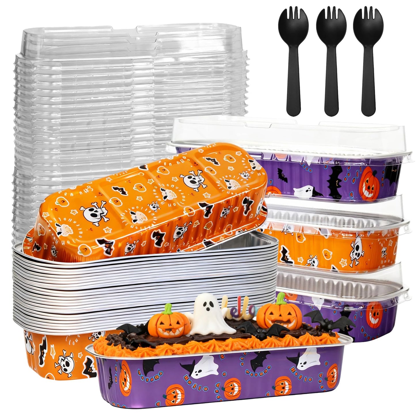 ylnurac 100Pack Halloween Mini Cake Pans Disposable Mini Loaf Pans with Lids and Spoons, 6.8Oz Aluminum Foil Pans Tins, Individual Dessert Cups Containers for Sales,Party,Picnics