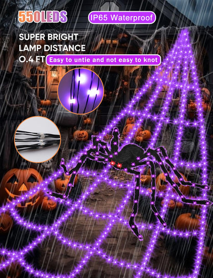 Halloween Decorations Outdoor Spider Web Lights - 16.4Ft Light Up Spider Web with 550 LEDs, Waterproof, 8 Modes Memory Function for Outdoor Yard Halloween Decorations (with Spider)