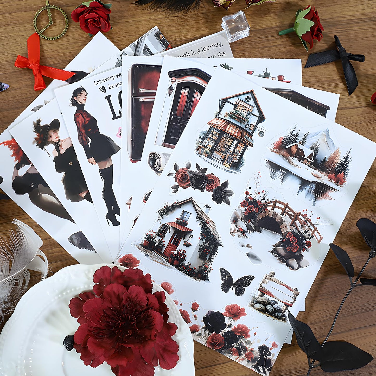 Snycler Midnight Rose Theme Sticker Scrapbooking Supplies for Junk Journal, 20 Sheets PET Stickers - Vintage Journaling Stickers, Ephemera Sticker Book Pre Cut, Planner, Junk Journal Supplies