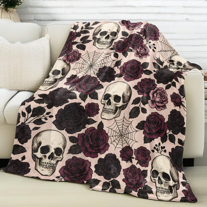 vnlvnl Skull Blanket Lightweight Flannel Blankets Gifts for Adults Gothic Floral with Dark Romantic Rose and Spide Printed Throw for Couch Chair Office Bedroom Halloween Decor, 60x50inch