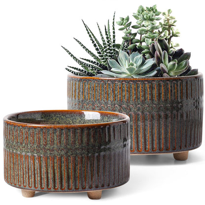 LE TAUCI Succulent Pots, 6.5+8 Inch Ceramic Pots for Plants Indoor, Shallow Round Succulent Planters with Drainage Hole, Set of 2, Reactive Glaze Black