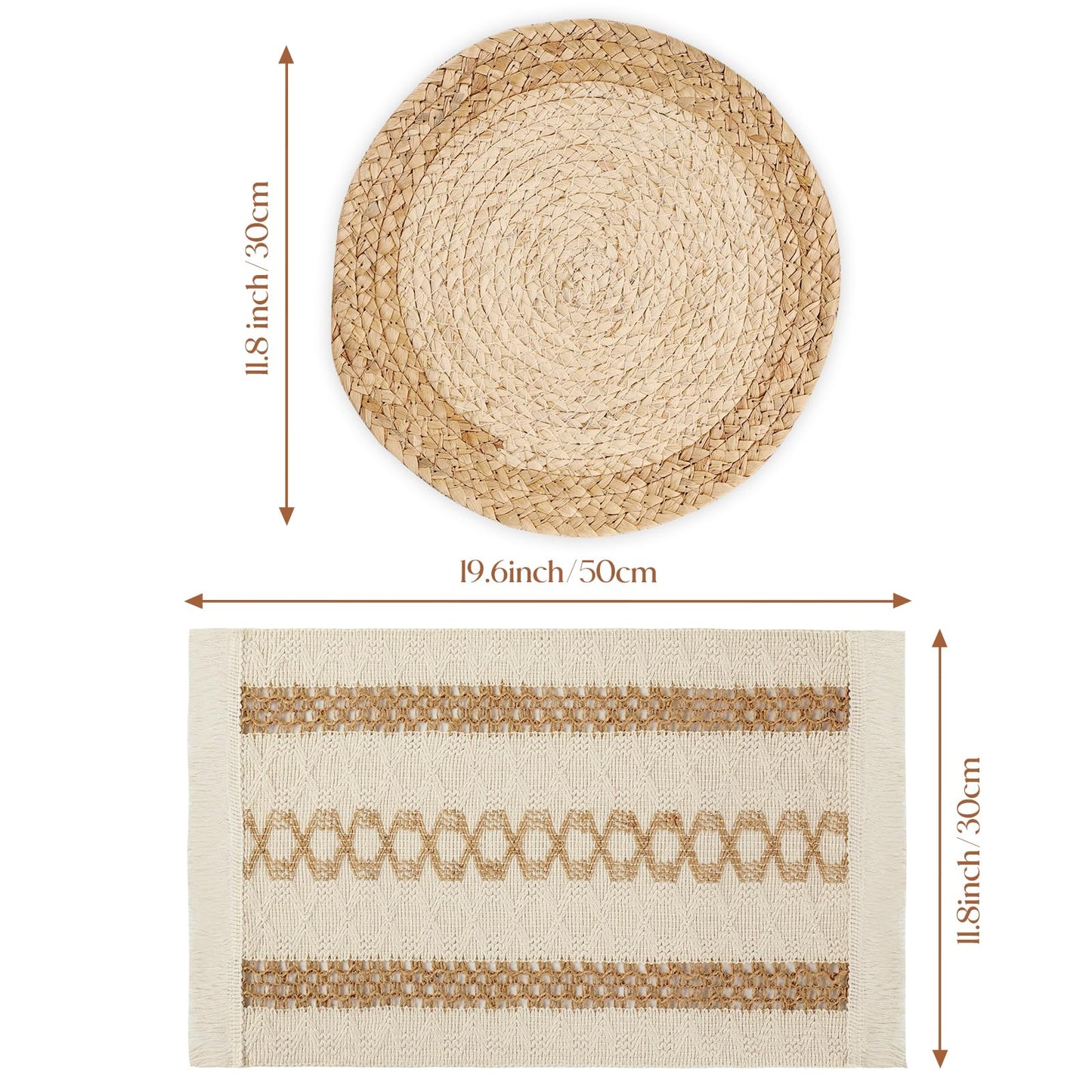 YANGQIHOME Boho Placemats Set of 4, Farmhouse Rustic Woven Placemats for Dining Table Decor, Handmade Braided Place Mats in Natural Cotton Jute and Water Straw for Kitchen Table
