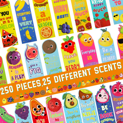 Fainne 250 Pcs Scented Bookmarks Kids Bulk Scratch and Sniff Bookmarks Fun Fruit Food Assorted Educational Bookmark for Students Teens Reader 25 Styles, 25 Scents