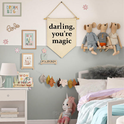 Darling You're Magic - Canvas Hanging Pennant Flag Banner Wall Sign Decor Gift for Nursery Baby Kids Girl Boy Teen Bedroom Playroom Decor- Birthday Christmas Gift