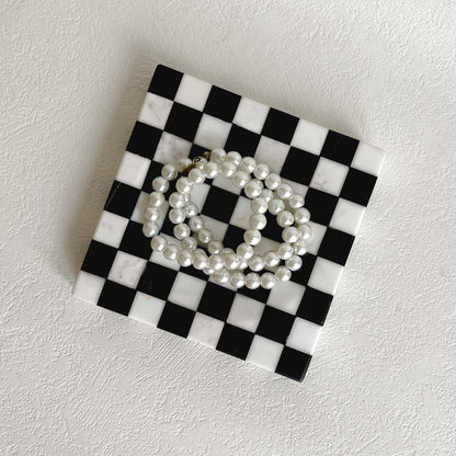 StonePlus Marble Stone Black and White Checkerboard Square Small Splicing Mosaic Tray Jewelry Dish (Black and White)