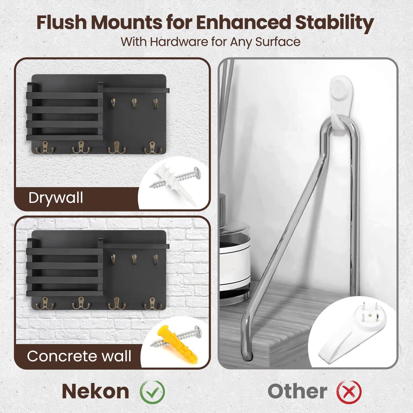 Nekon Mail Holder for Wall Mail Organizer with Key Hooks Hallway Farmhouse Decor Storage Racks with Floating Shelf and Flush Mount Hardware (16.8Inch x 10Inch x 3.2Inch)