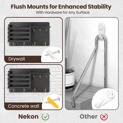 Nekon Mail Holder for Wall Mail Organizer with Key Hooks Hallway Farmhouse Decor Storage Racks with Floating Shelf and Flush Mount Hardware (16.8Inch x 10Inch x 3.2Inch)