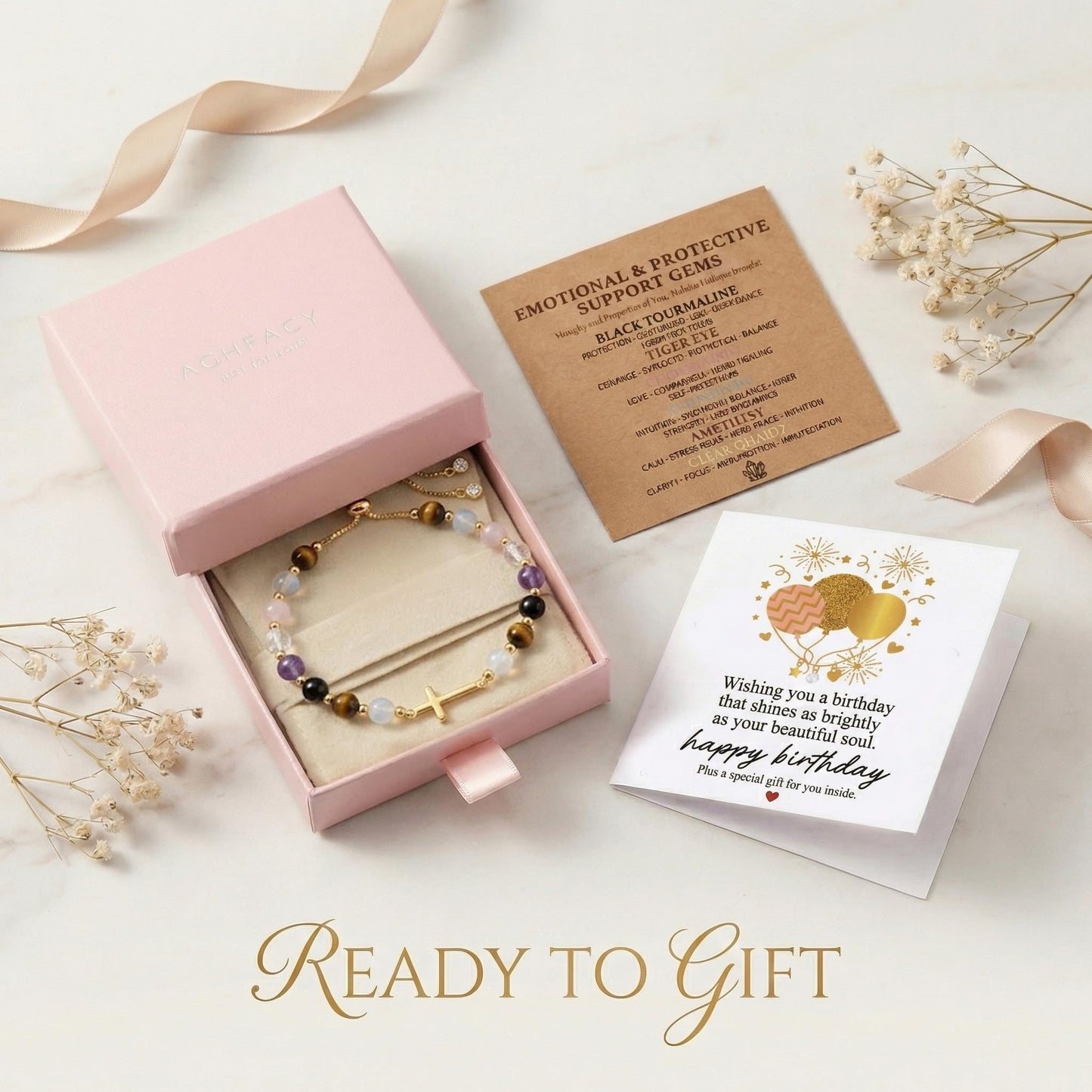 Aghfacy Christian Gifts for Women Birthday Cross Bracelet Natural Gemstone Crystal Bracelet Gold Cross Charm 60th Birthday Gifts for Women Adjustable with Message Card