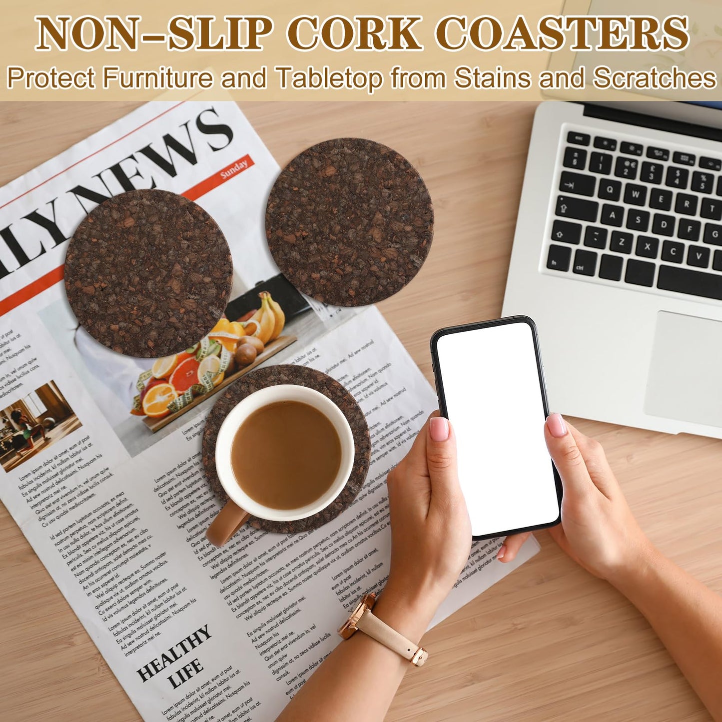Acellegic 9 Set of Thick Dark Cork Coasters Heat Resistant Non Slip Drink Coaster with Black Holder Elegant Dark Cork Cup Pads for Coffee Tables Natural Wood Table Protectors