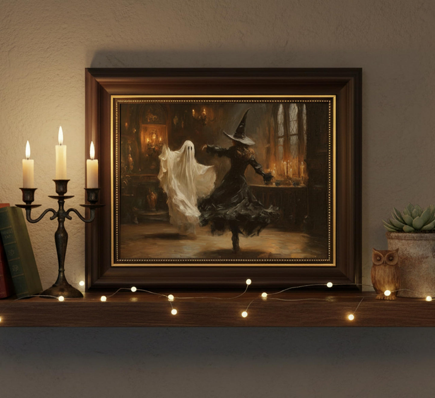 Vbaourut Framed Halloween Wall Art, Dancing Witch and Ghost Canvas Painting, Vintage Gothic Poster with Dark Brown Frame and Upgraded Hook and Loop for Living Room, 12x16 in