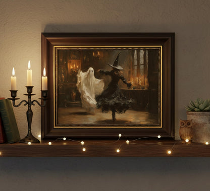 Vbaourut Framed Halloween Wall Art, Dancing Witch and Ghost Canvas Painting, Vintage Gothic Poster with Dark Brown Frame and Upgraded Hook and Loop for Living Room, 12x16 in
