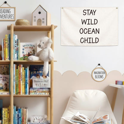 Nursery Canvas Banner Wall Decor-Hanging Rectangular Poster Flag Sign Art for Baby Kids Newborn Nephew,Bedroom Playroom Babyroom Door Decor,Stay Wild Ocean Child Quote,Christmas Gift 28.5"L x 20"W