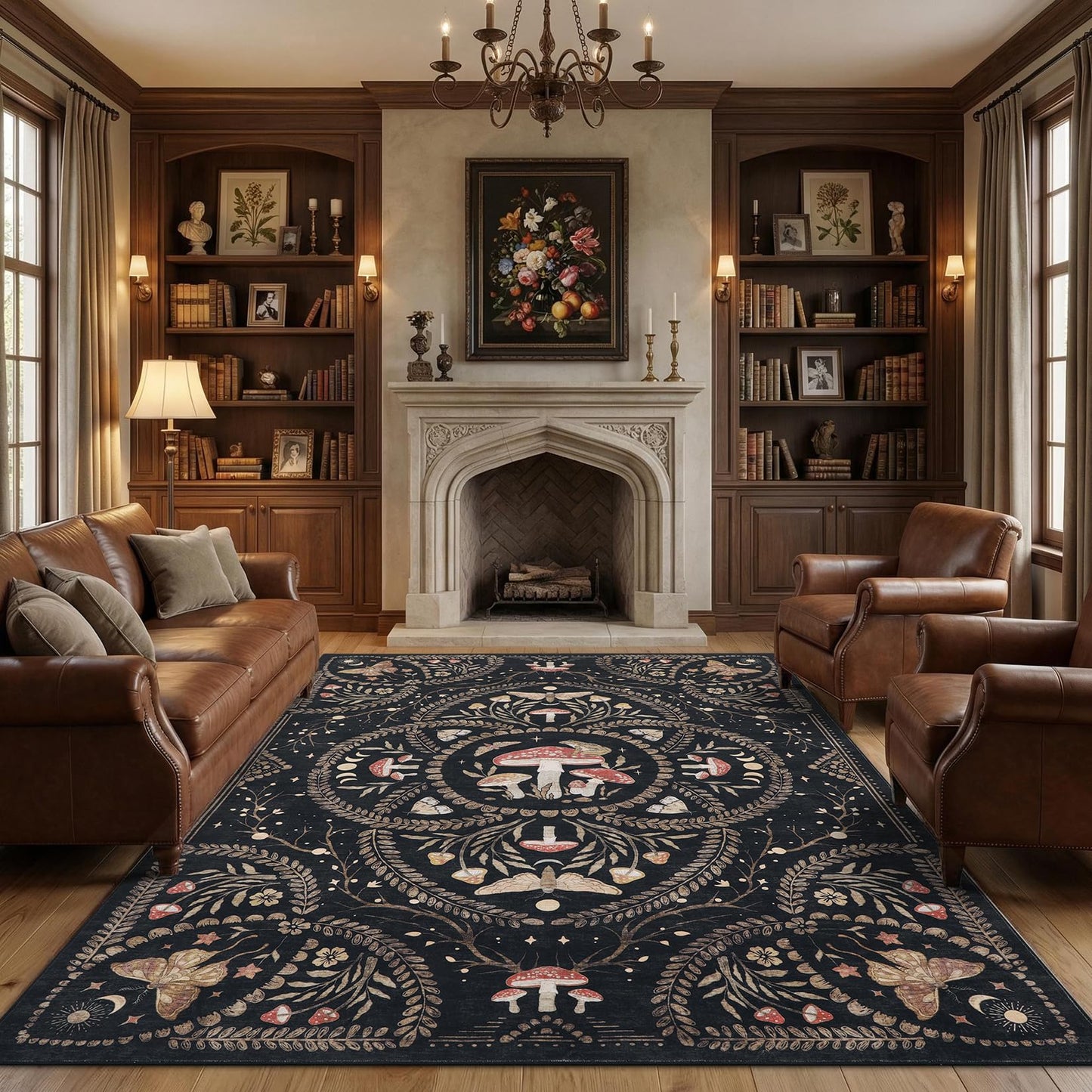 Garvee Mushroom 9x12 Area Rugs for Living Room, Dark Academia Gothic Rug, Non Slip Animal Print Washable Rugs 9x12 Low Pile Bedroom Decor Bug Carpet with Rubber for Dining Room Playroom Office, Black
