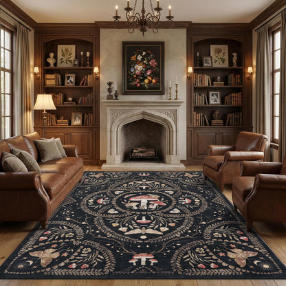 Garvee Mushroom 9x12 Area Rugs for Living Room, Dark Academia Gothic Rug, Non Slip Animal Print Washable Rugs 9x12 Low Pile Bedroom Decor Bug Carpet with Rubber for Dining Room Playroom Office, Black