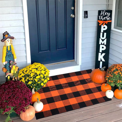 PIXFAIRY Cotton Orange and Black Plaid Rug - 27.5 x 43 Inches, Hand-Woven Indoor/Outdoor Layered Cotton Blend Buffalo Plaid Rug, Washable Front Door Mat, Perfect for Porch, Living Room, Entryway