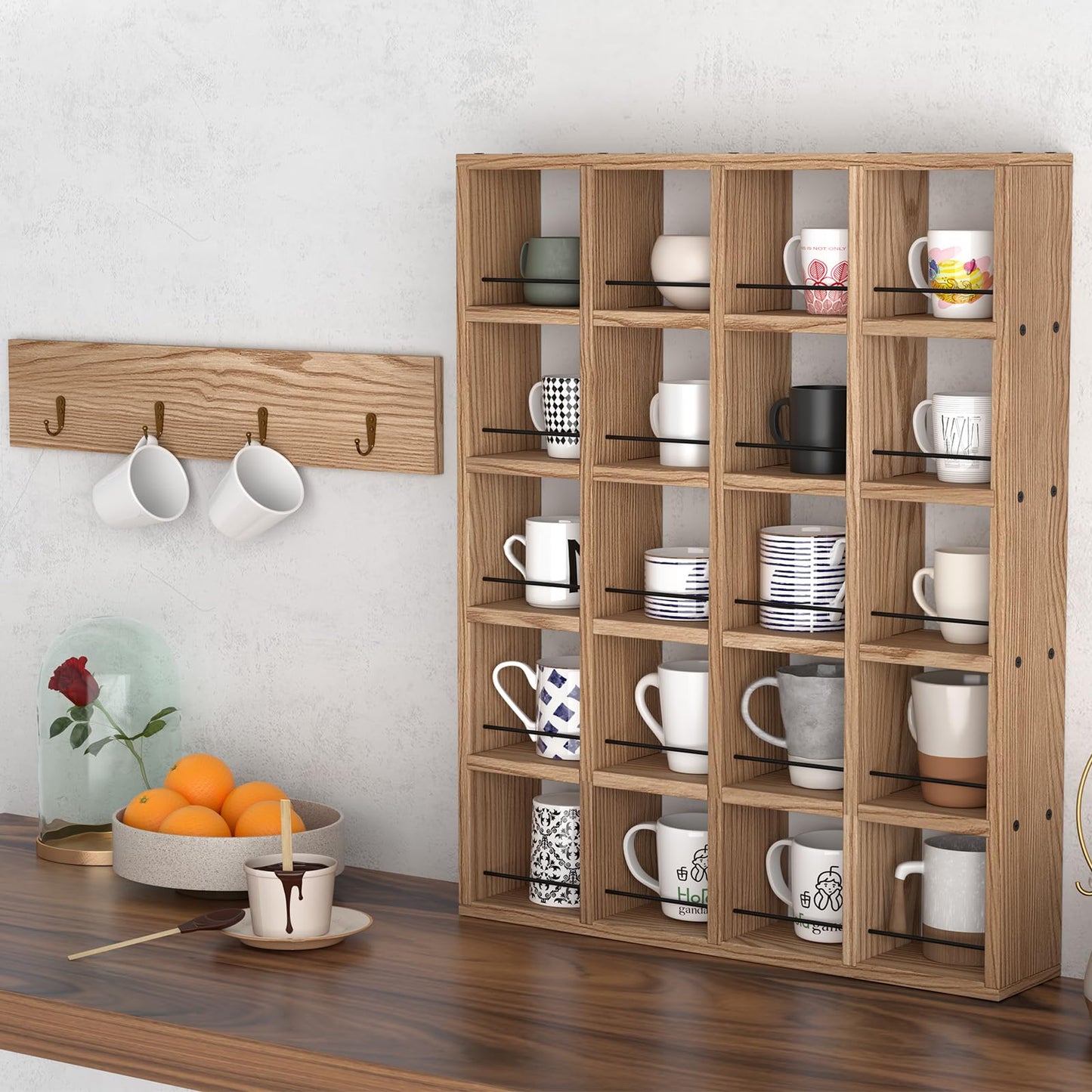 WYJREES Wooden Coffee Mug Display Rack, Wall Mounted Coffee Cup Display Shelf, Hold 24 Mugs, Rustic Shot Glass Display Case, Coffee Mug Holder Organizer for Kitchen, Coffee Station (23.6 * 29.5in)