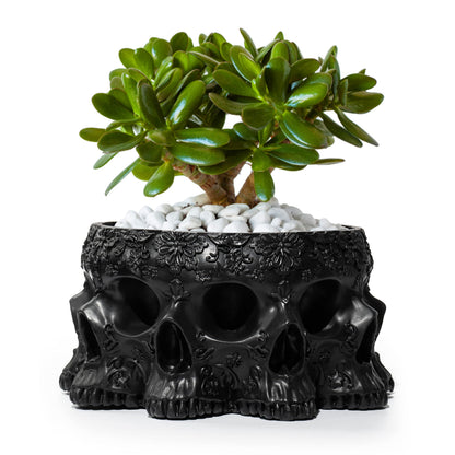 Skull Black Multifaced Planter Pot 4" Skulls Skeleton Head Pot for Succulents Flowers Sweets, Creepy Gothic Décor for Garden Home Parties Haunted House, Spooky Halloween Desk Organizer Candy Bowl Gift