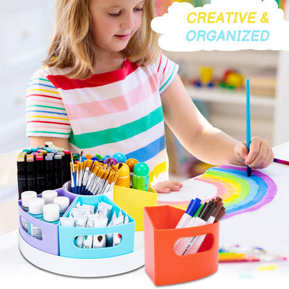 CraftGenes Art Supply Organizer, Extra Large 360 Degree Rotating Pencil Caddy with 7 Removable Compartments, Rainbow Marker Organizer and Craft Caddy for Kids, Teachers, Classroom, School