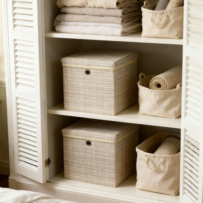 modscape 2-Pack 12"x12" Fabric Storage Bins with Lids, Collapsible Storage Bins for Clothes Toys, Sturdy Storage Cube for Bedroom Closet Shelves Home Organization (Shining Beige, 2)