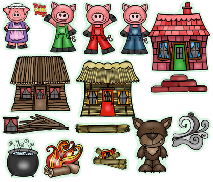 Three Little Pigs Story Set Flannel Felt Board Figures 14 Pieces PRECUT Plus Activity Pages Preschool Made in USA of Domestic Felt & Imported Ink(Medium)