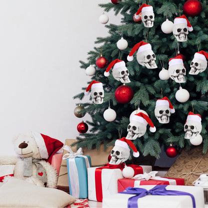 Lenwen 24 Pcs Mini Hanging Skull Heads Santa Hat Halloween Skeleton Head Tree Ornament Decorations for Holiday Party Xmas Tree Decor(3.15 Inch)