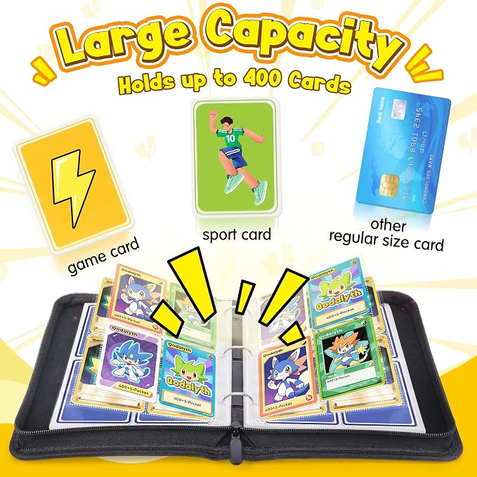 Card Binder – 4 Pocket Zipper Collection Album, Premium PU Holder, Double-Sided Display for 400 Cards, Includes 5 Hard Plastic Sleeves for Game Cards, Sports Cards（Lightning）