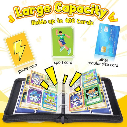 Card Binder – 4 Pocket Zipper Collection Album, Premium PU Holder, Double-Sided Display for 400 Cards, Includes 5 Hard Plastic Sleeves for Game Cards, Sports Cards(Fire)