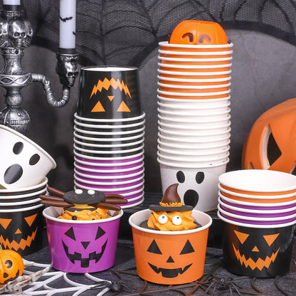 48 Pcs Halloween Treat Snack Cups Pumpkin Ghost Disposable Paper Bowls 9 Oz Paper Cups Dessert Ice Cream Bowls for Trick or Treat Birthday Movie Party Favor Supplies