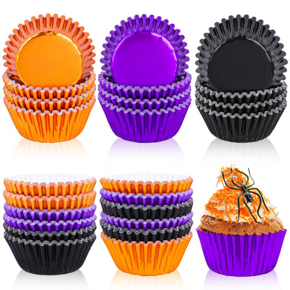 Whaline 450Pcs Halloween Foil Cupcake Liners Black Purple Orange Baking Cups Foil Metallic Cupcake Wrappers Muffin Liners for Holiday Party Supplies