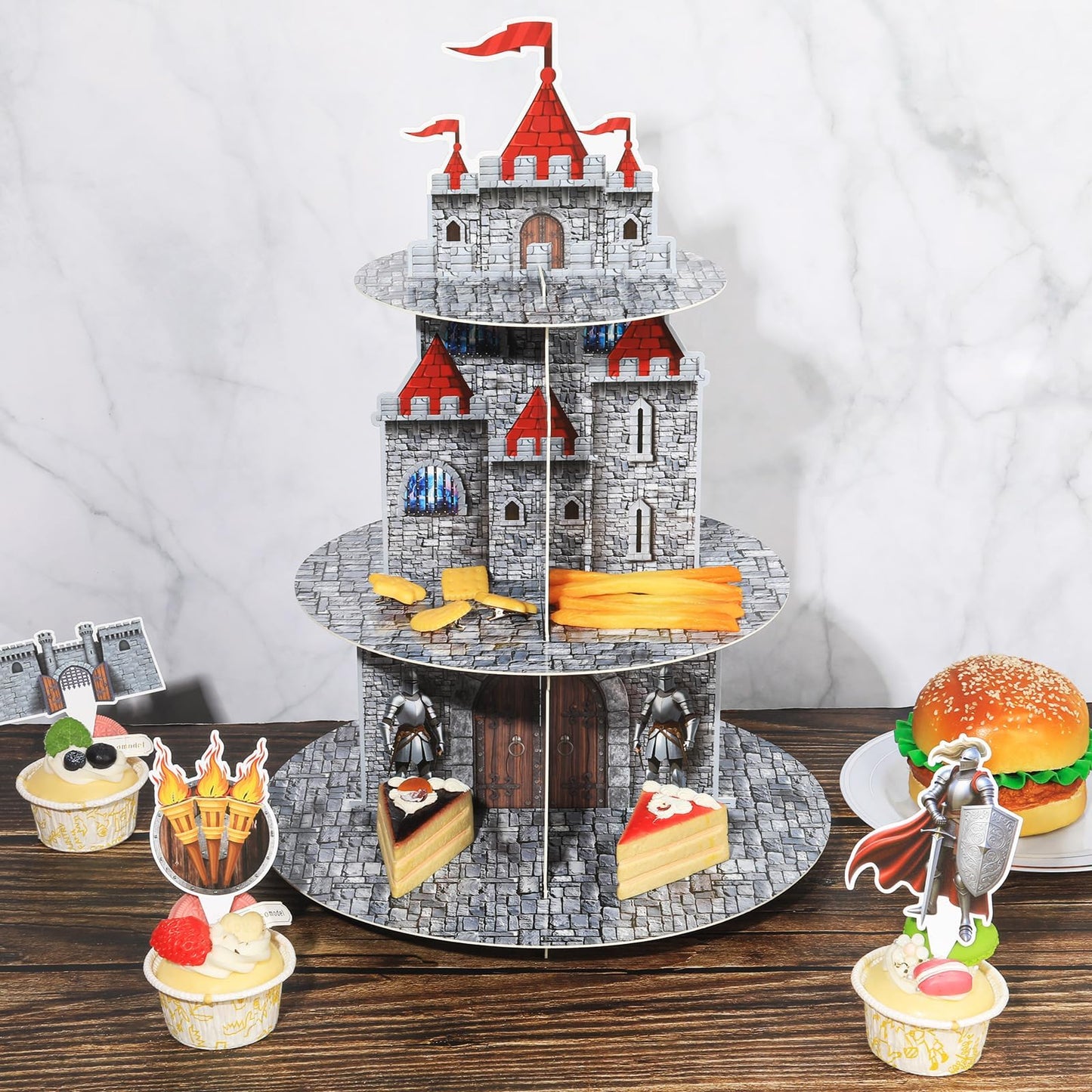 3 Tier Medieval Castle Cupcake Stand Decor with 24 Cake Toppers Knight Birthday Party Decorations Medieval Theme Dessert Cardboard Stand Tower Castle Cupcake Holder for Boys Baby Shower Supplies