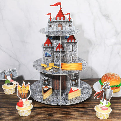 3 Tier Medieval Castle Cupcake Stand Decor with 24 Cake Toppers Knight Birthday Party Decorations Medieval Theme Dessert Cardboard Stand Tower Castle Cupcake Holder for Boys Baby Shower Supplies