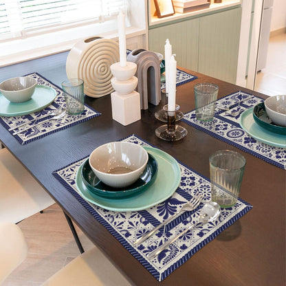 Talavera Tiles Fiesta Mexican Placemats Set of 4 Blue Beige Floral Bird Phoenix Table Mats Washable Boho Bohemian Heat Resistance Place Mat for Home Party Kitchen Dining Table Decoration 12x18 Inch