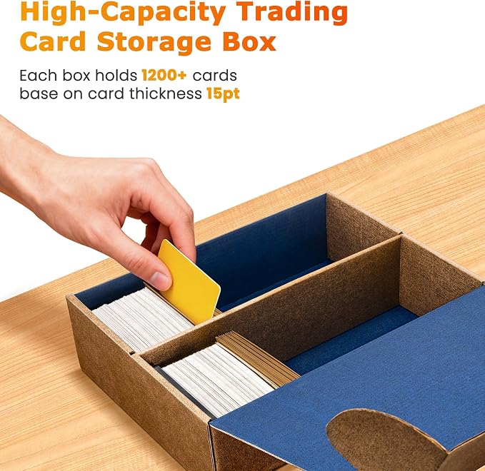 Trading Card Storage Box, 4-Pack 4800 Count Bulk Sports Card Storage Boxes | 5-Layer Corrugated Cardboard Storage Box, Reversible Blue Gold Card Organizer for TCG Mtg Cards