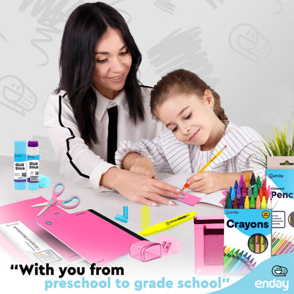 Enday Back to School Supplies for Kids, Pink School Supply Box Grades K-5, Premium Quality Kids School Supplies Kit, Kindergarten School Supplies for Girls and Boys, 71 Piece Set