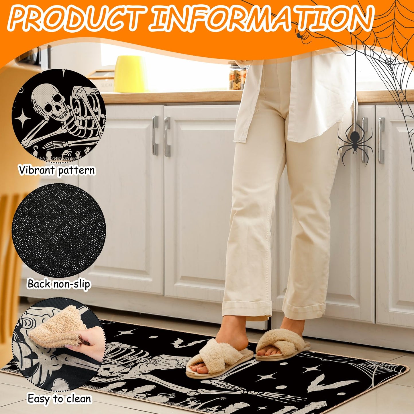 Drydiet 3 Pcs Halloween Kitchen Mats and Rugs Sets Spooky Skeleton Kitchen Floor Door Mat Non Slip Washable Gothic Runner Rug Halloween Decorations for Home Laundry Room Sink Holiday Party Decor