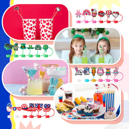 Ninehaoou 48 Pcs Holiday Straw Toppers Silicone Cute Straw Cover Cap Tumbler Reusable Drinking Cover Lid Topper Protector for Christmas Halloween Easter Independence Day St Patrick's Day