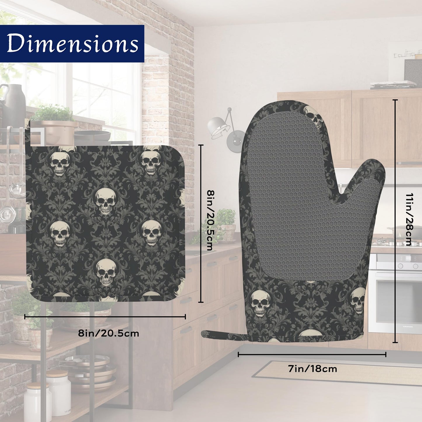 Gothic Black Skull Pot Holders and Oven Mitts Set Silicone Halloween Skulls Kitchen Gloves Potholders Heat Resistant Washable,Chef Cooking Baking Gifts for Women Men Bakers Lover Cooks
