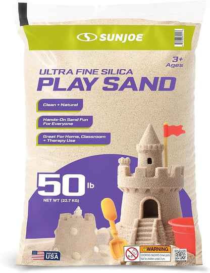 Sun Joe Silica Play Sand for Sandbox, Sensory Table & Garden Spaces, Ultra Fine, 50 Lb Bag - Indoor and Outdoor Natural Craft Accessory for Molding, Digging, Sculpting and Gardening, PLYSAND50