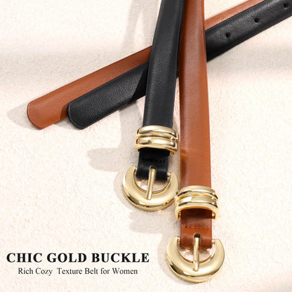 Jorywell 2 Pack Women Skinny Leather Belts for Jeans Dress Thin Waist Belt for Ladies with Gold Buckle 0.8’’ Width