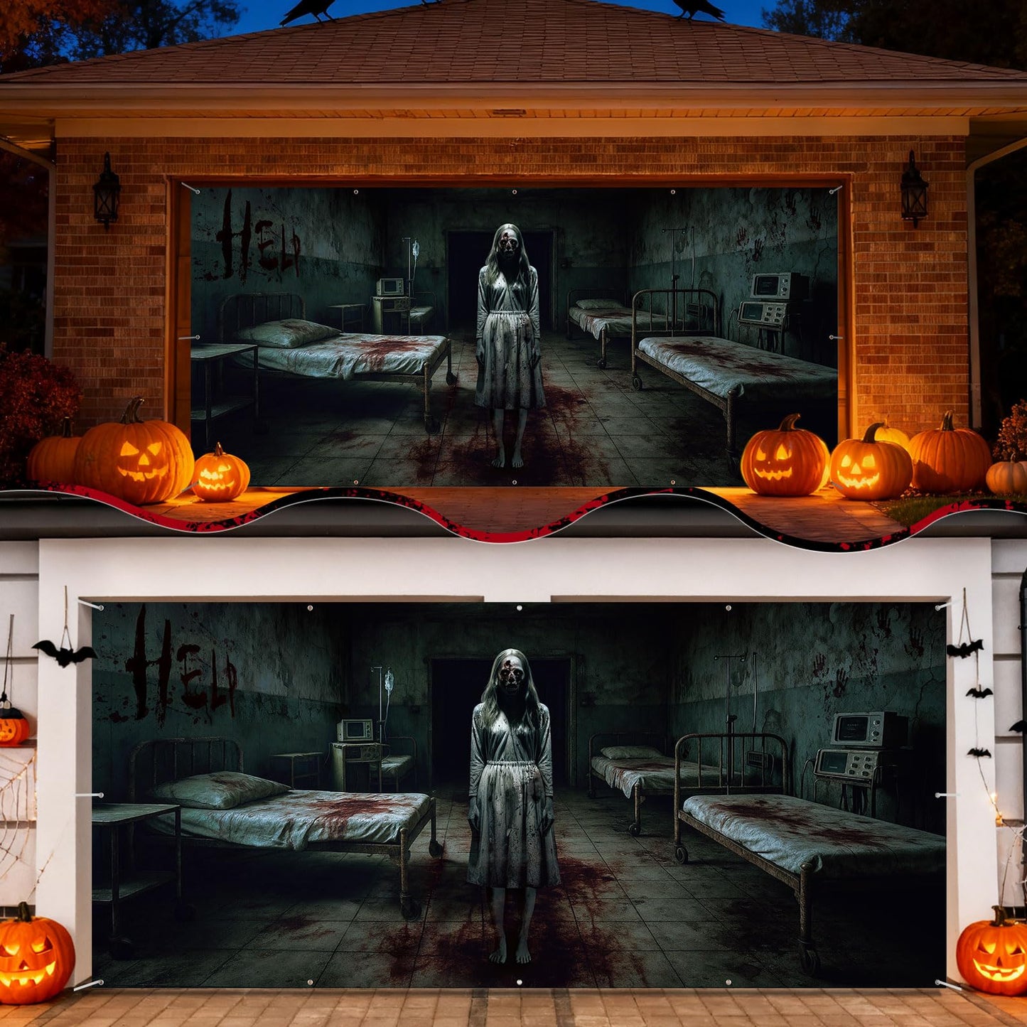 Blosssound 1 PCS Halloween Ghosts Garage Door Cover - 7 x 16 ft Hospital Haunted Buildings Zombies Backdrop Hanging Decorations for Halloween Photo Outdoor Home Party Booth